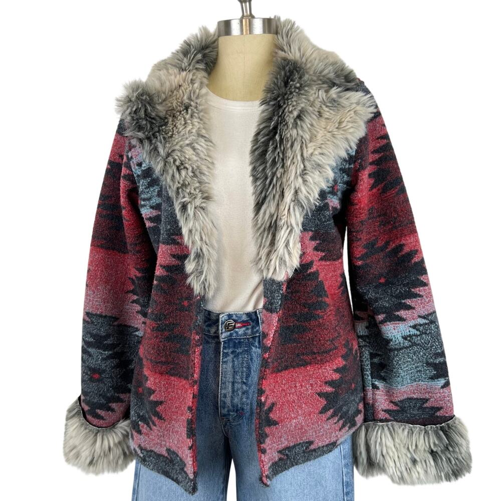Women's True Grit Faux Fur Trimmed One Button Aztec Navajo Print Jacket (Sz M)